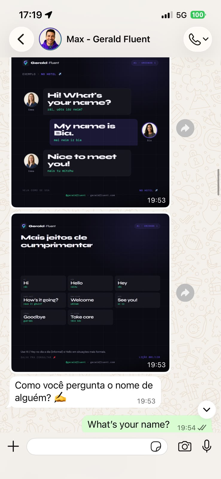 Aula do Max no WhatsApp — cards e pronúncia